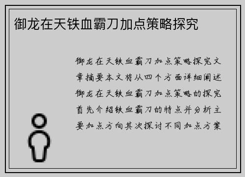 御龙在天铁血霸刀加点策略探究